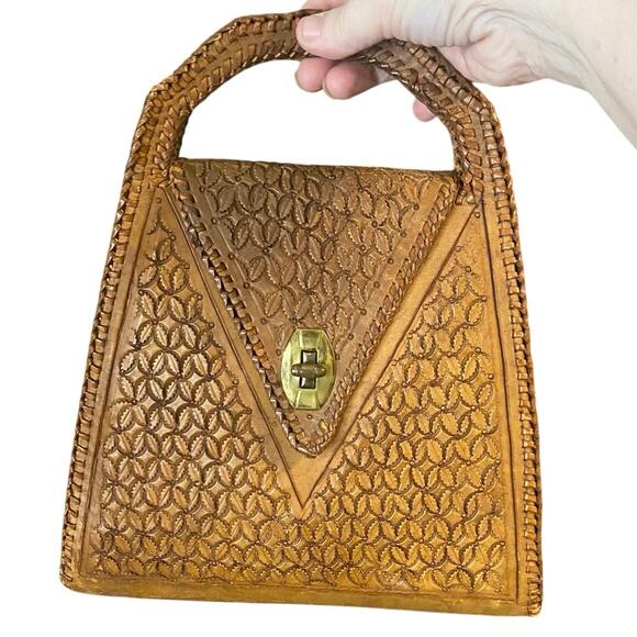 Vintage Handcrafted Embossed Leather Top Handle Bag – Artisan Signed western - Picture 1 of 8